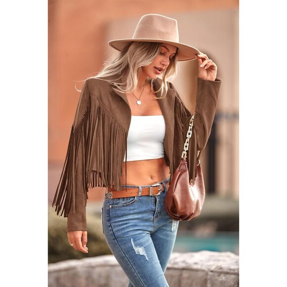 Prettygarden Women's Coffee Fringe Motorcycle Cropped Faux Leather Jackets - Picture 4 of 9